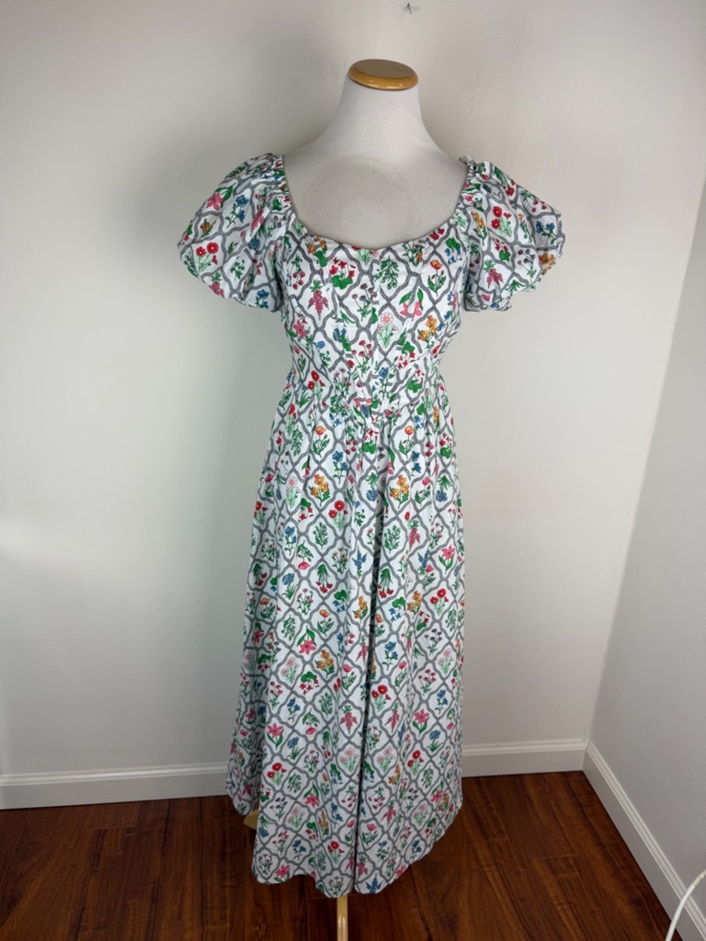 Anthropologie MOON RIVER Corset Lace Up Floral Midi Dress Puff Sleeve Size S - Picture 5 of 10